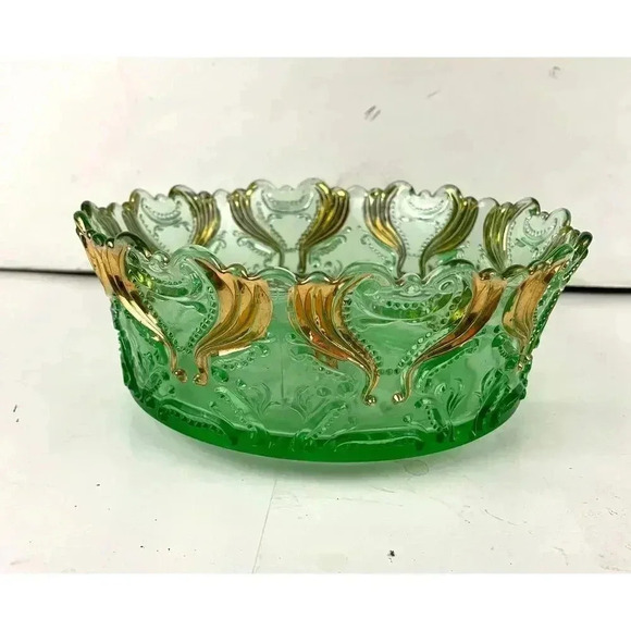 VTG Idyll Pattern Jefferson Pressed Glass Bowl Green Gold Accent - Picture 2 of 10